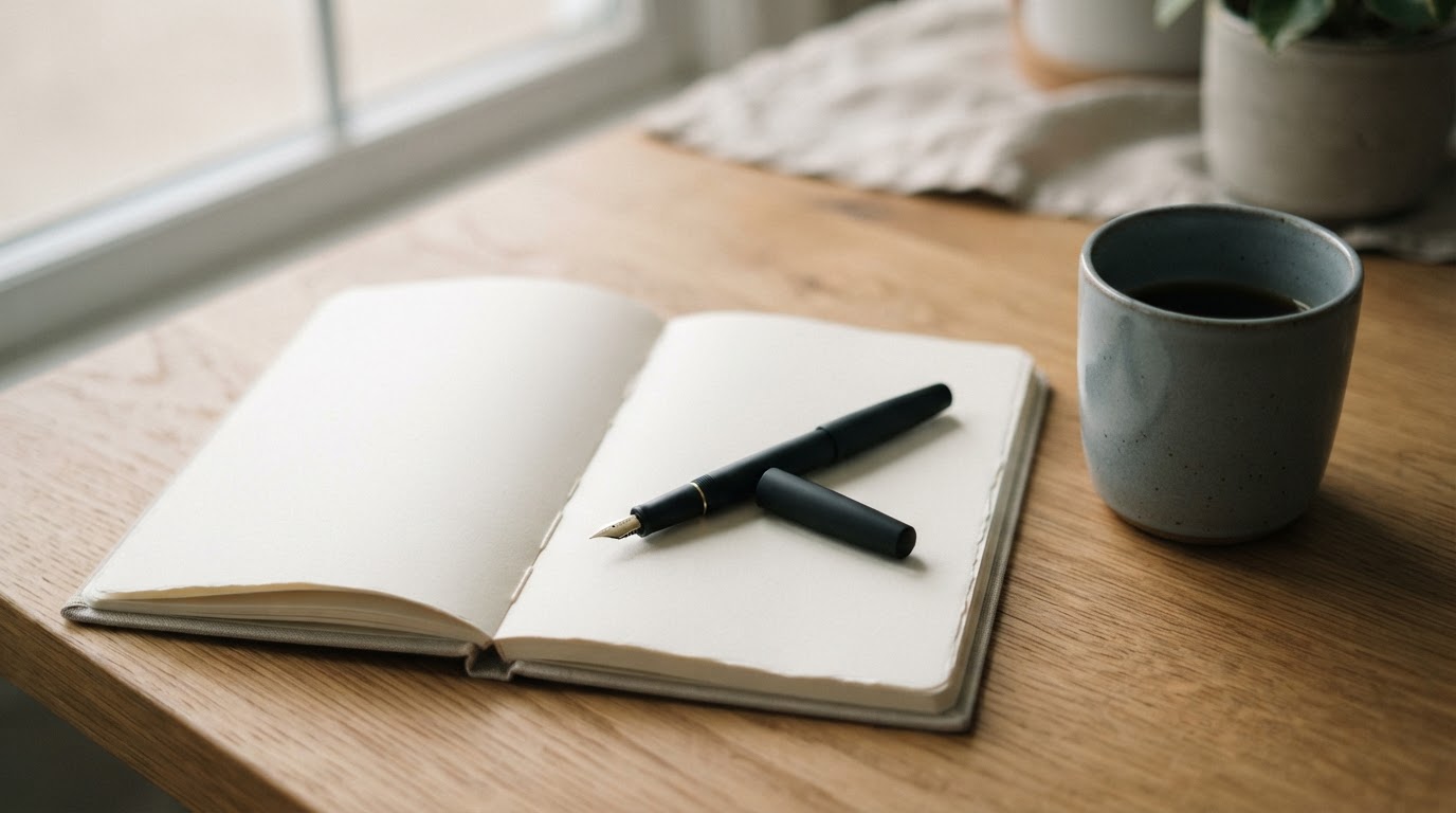 A fountain pen resting on an open notebook beside a ceramic cup on a warm wooden table